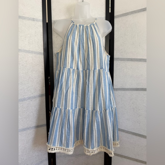 Maggy London Dresses & Skirts - Maggy London Halter Sundress ~ Vertical Stripes ~ Cotton Tiered ~ Fringe  Size 8